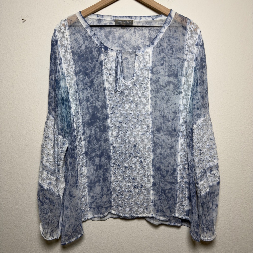 Yauvan Womens Blouse M Blue White Tie Dye Embroidered Sheer Boho Peasant Top